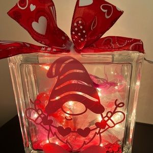 Decorated Valentines Day gnome glass lighted block